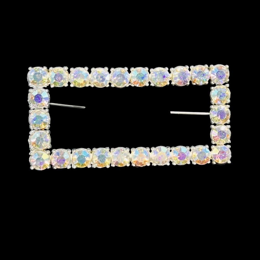 Vintage Silver Tone And AB Iridescent Rhinestone Rectangle Brooch (4607)